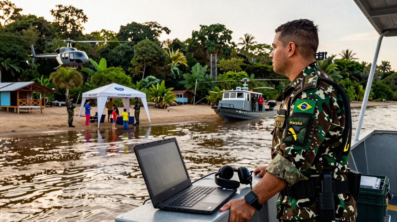 Militar brasileiro em barco observa helicóptero e pessoas em tenda na margem de rio com barcos e vegetação.