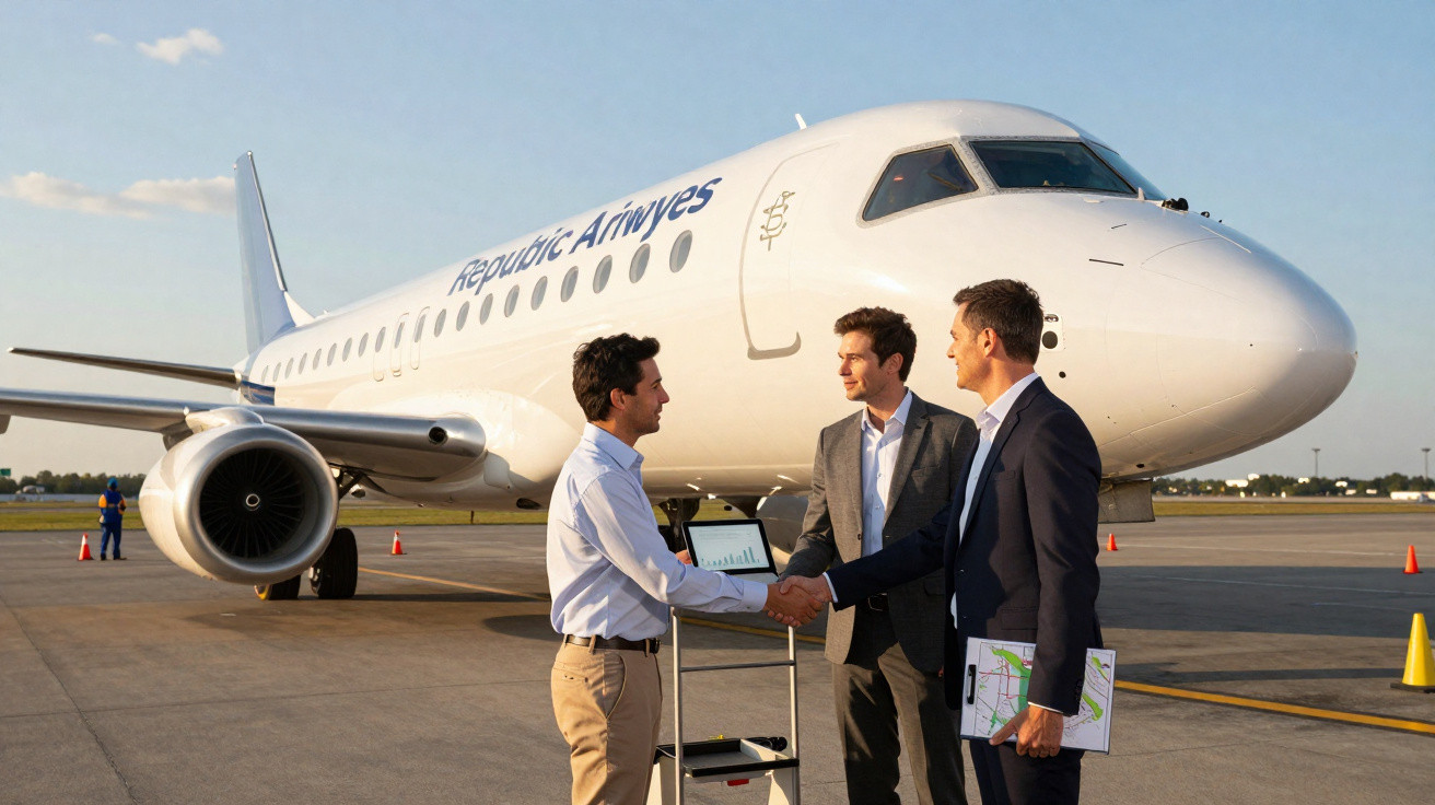 Três homens de negócios apertam as mãos junto a um avião branco da Republic Airlines no aeroporto.