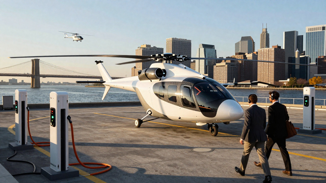 Helicóptero branco estacionado numa plataforma urbana com dois homens de fato a aproximarem-se, vista da cidade ao fundo.