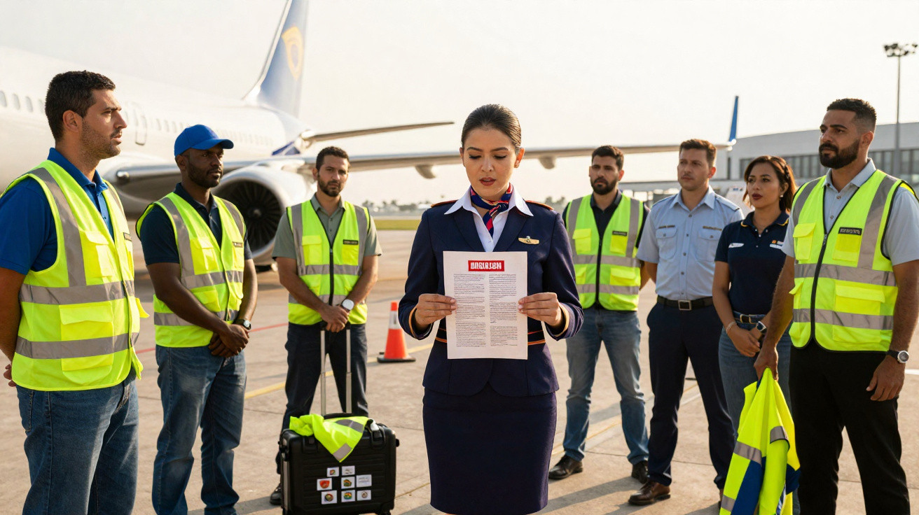 Comissária lê instruções para equipa de terra junto a avião no aeroporto.