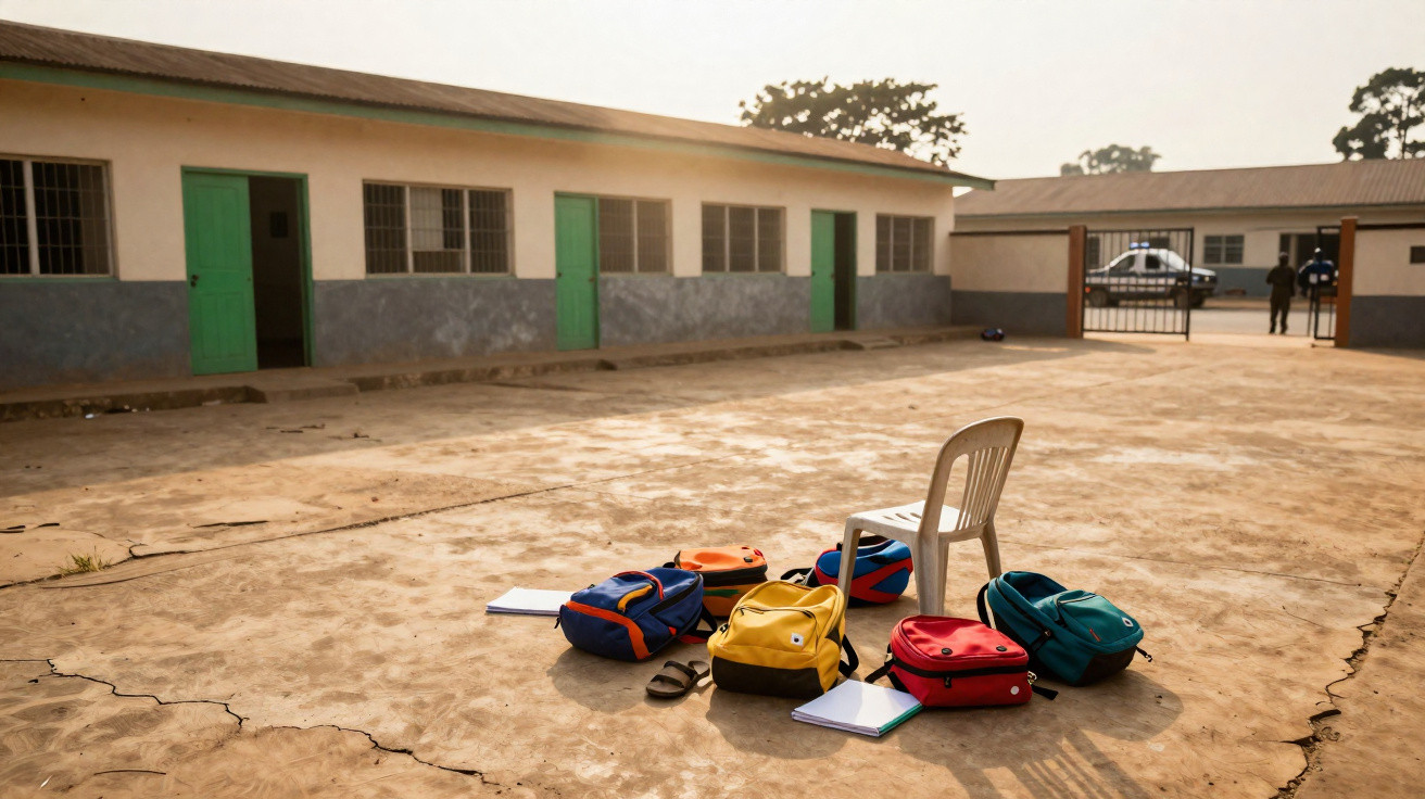 Pátio de escola com mochilas coloridas e cadeira branca no chão, edifício escolar ao fundo.