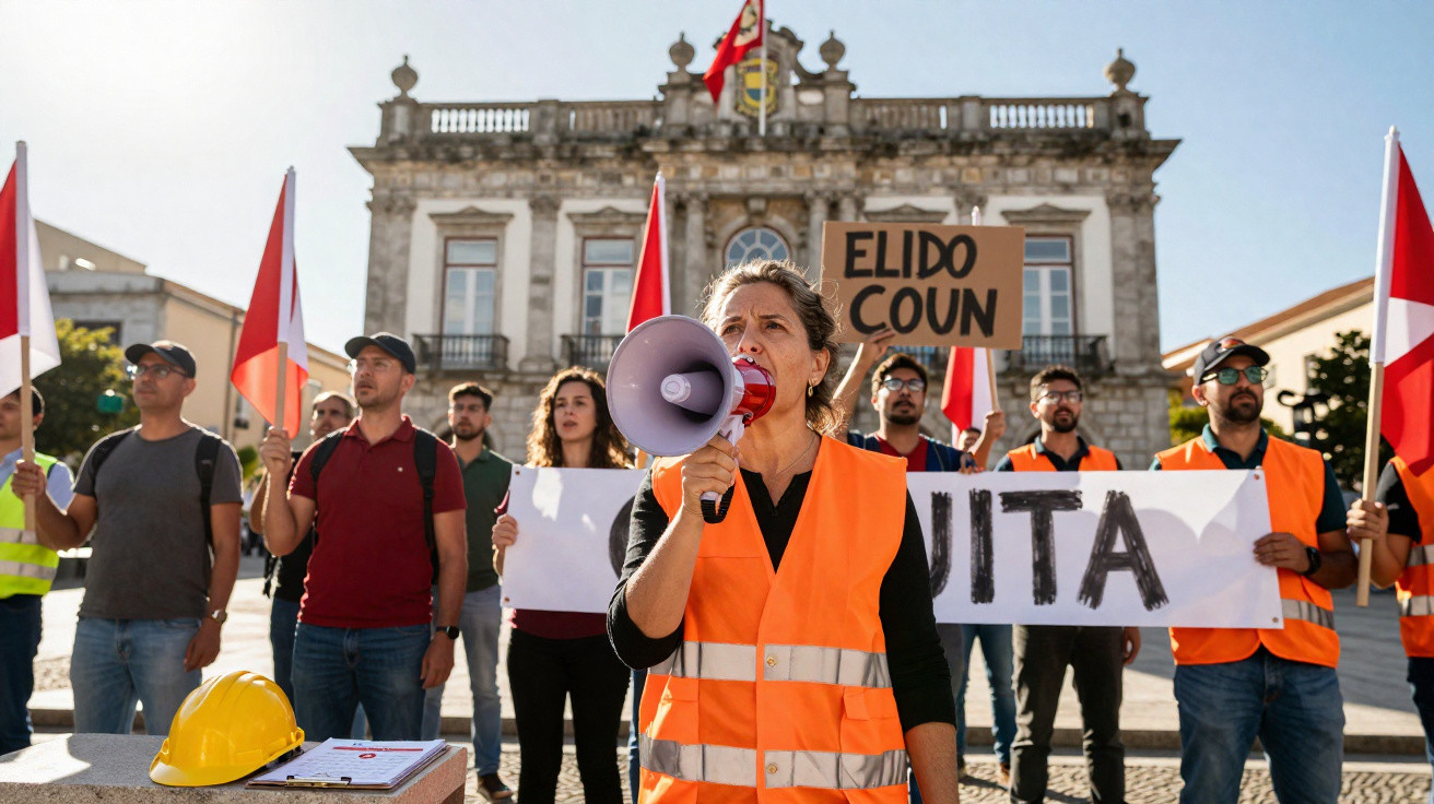 Manifestantes com coletes laranja protestam com bandeiras e megafone em frente a edifício histórico.
