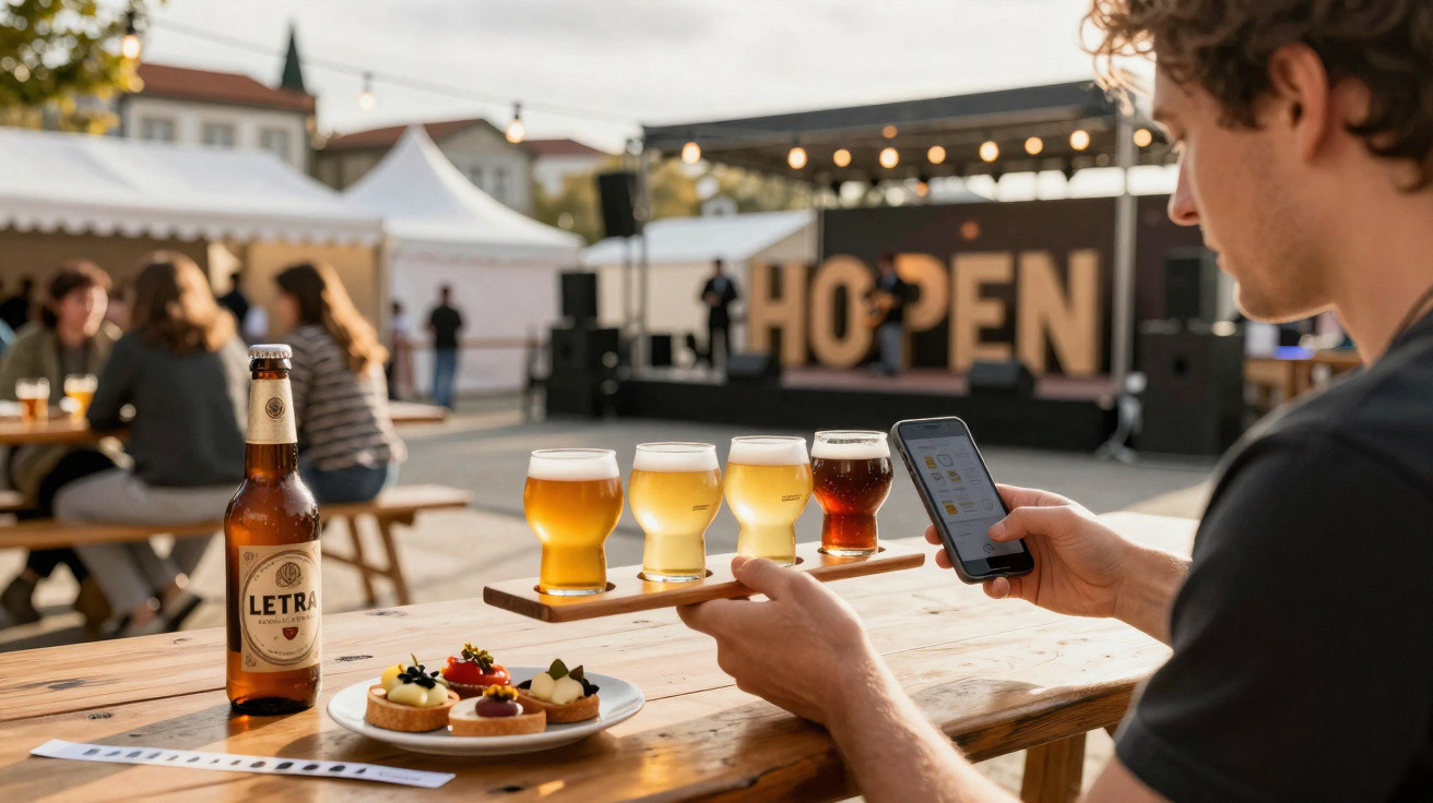 Homem com smartphone segura tábua com copos de cerveja num evento ao ar livre com banca e pessoas ao fundo.