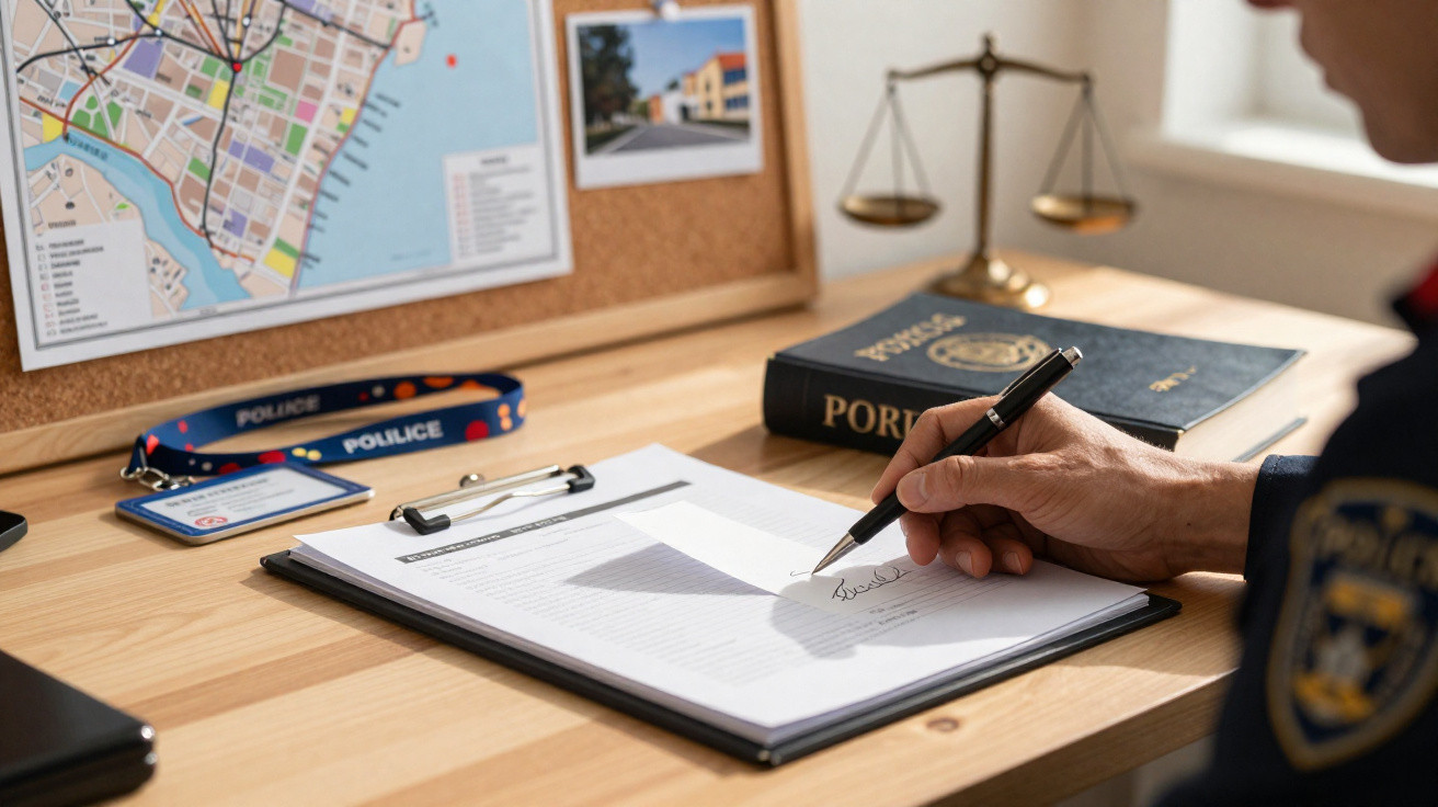 Pessoa a assinar documento num escritório com mapa, livro de leis e símbolo da balança da justiça ao fundo.