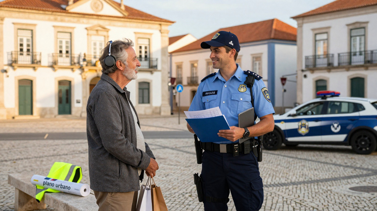 Polícia municipal a conversar com homem idoso numa praça histórica com viatura patrulha ao fundo.