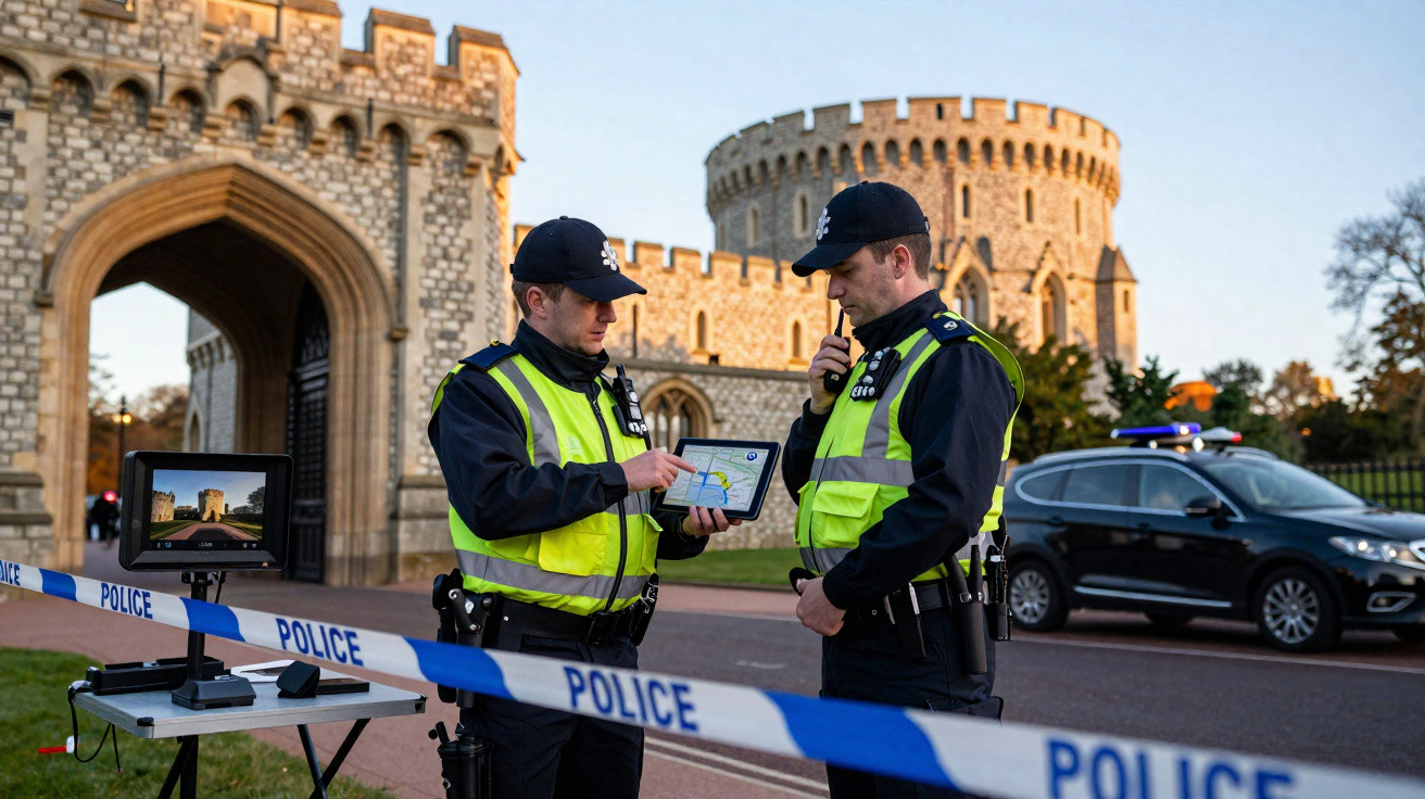 Dois polícias em coletes refletivos junto a uma fita policial diante de um castelo histórico, usando tablet e rádio.