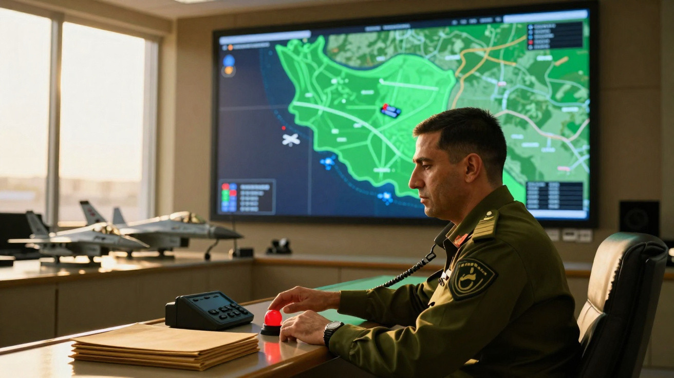 Militar sentado em gabinete com mapa digital estratégico e modelos de aviões em fundo.