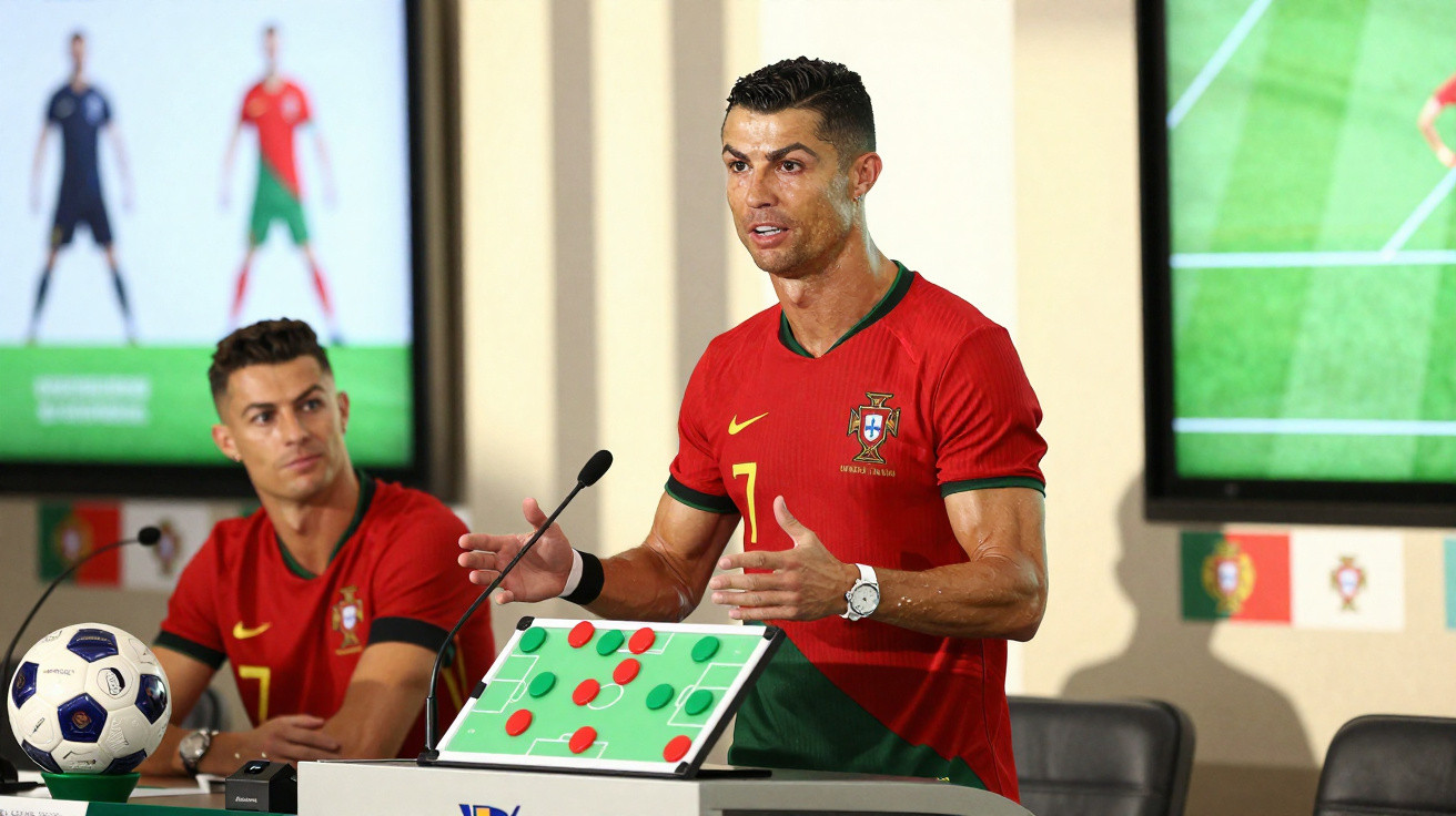 Jogadores portugueses em conferência, um fala enquanto o outro observa, com tática de futebol visível.