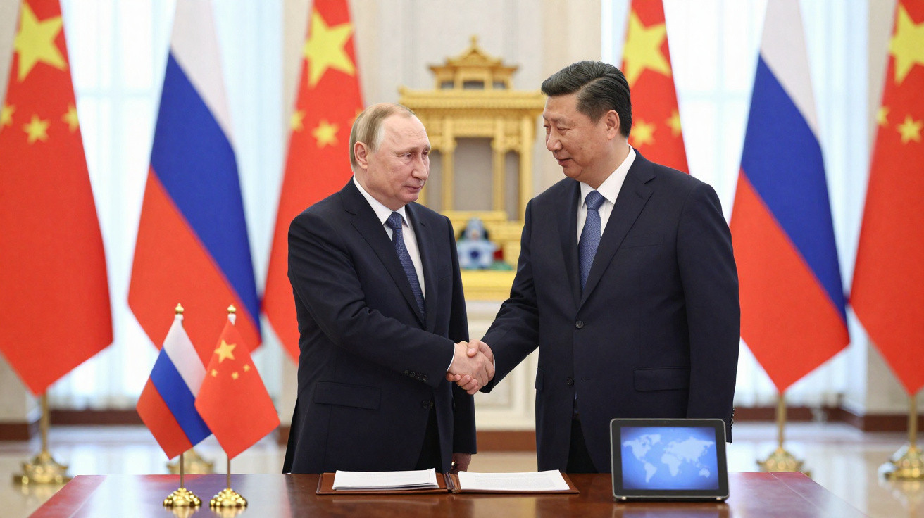 Dois líderes mundiais apertam as mãos em cerimónia oficial com bandeiras da China e Rússia ao fundo.