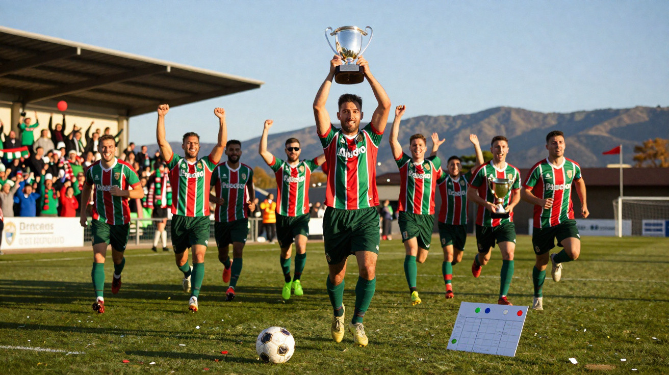 Jogadores de futebol com camisolas verdes, vermelhas e brancas celebram vitória com troféu num campo ao fim da tarde.