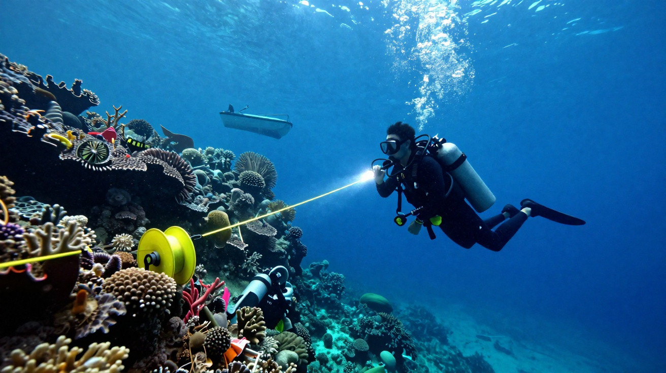 Mergulhador com equipamento de mergulho explora recife de coral sob água cristalina com barco à superfície.