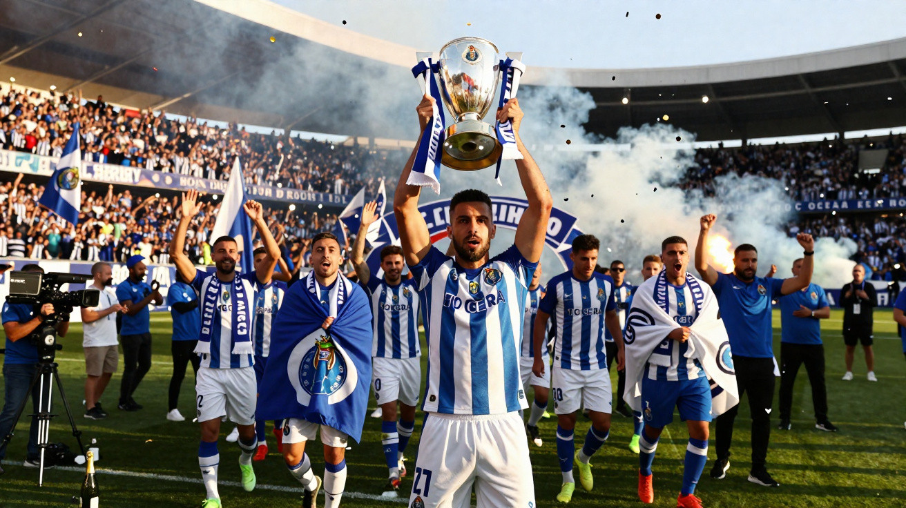 Jogadores do FC Porto comemora vitória com troféu num estádio cheio e fumos no ar.