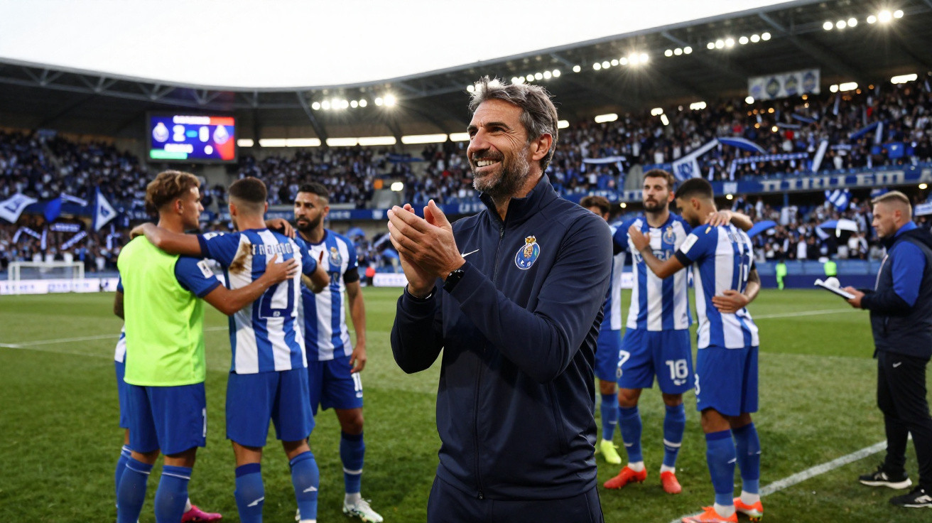 Treinador do FC Porto a aplaudir no relvado com jogadores e adeptos no estádio ao fundo.
