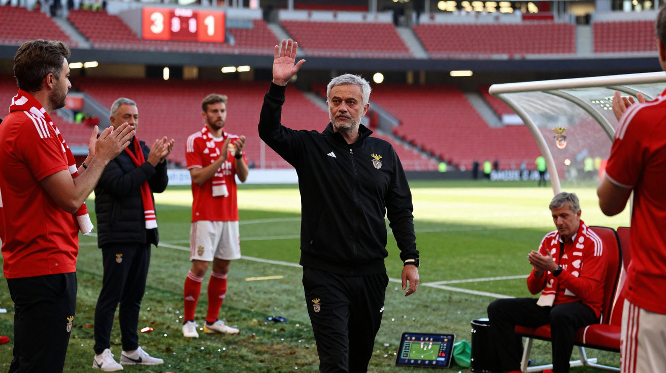 Treinador do Benfica acena para jogadores que o aplaudem no estádio em dia de jogo.