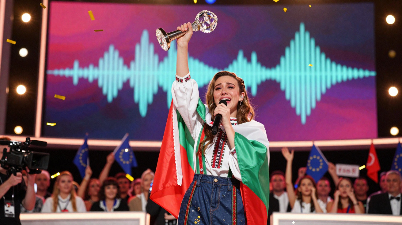 Cantora com bandeira da Bulgária celebra ao receber troféu em palco com público e confetes.