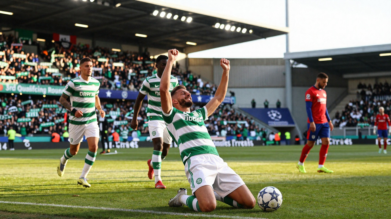 Jogador de futebol do Celtic celebra golo ajoelhado com os braços no ar durante jogo no estádio com público.