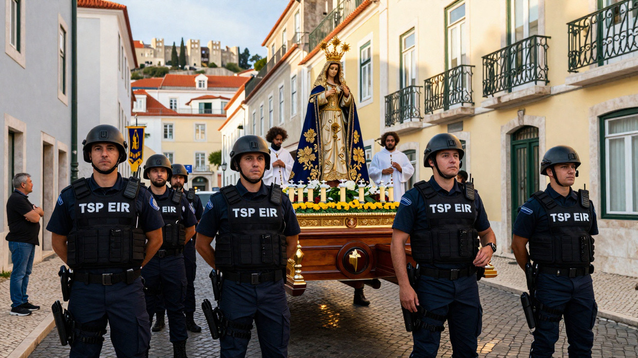 Polícia escolta procissão religiosa com imagem de Nossa Senhora numa rua de calçada portuguesa.