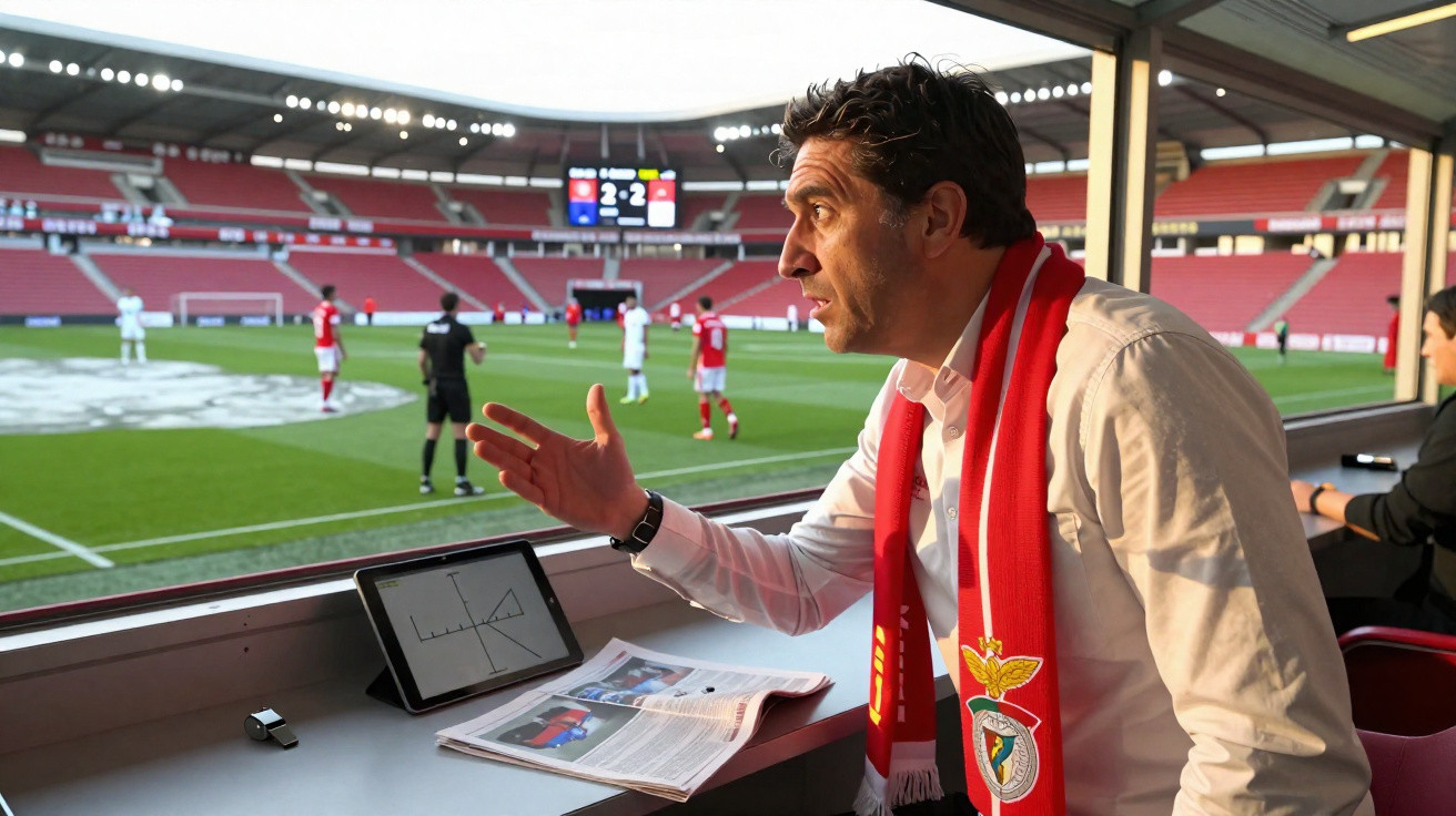 Homem com cachecol do Benfica fala numa cabine enquanto jogo de futebol decorre no estádio atrás.