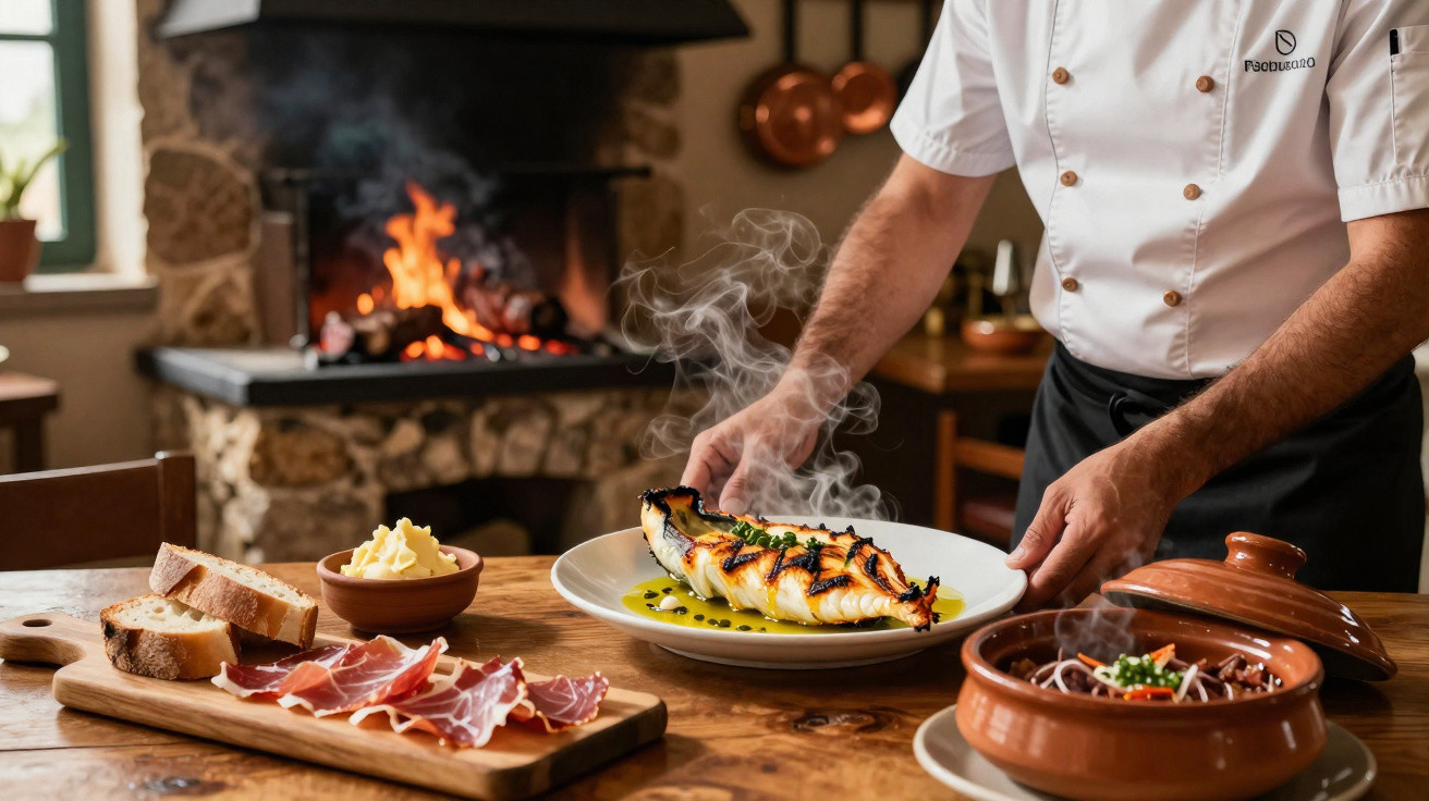 Cozinheiro a servir peixe grelhado fumegante numa mesa com petiscos e lareira acesa ao fundo.