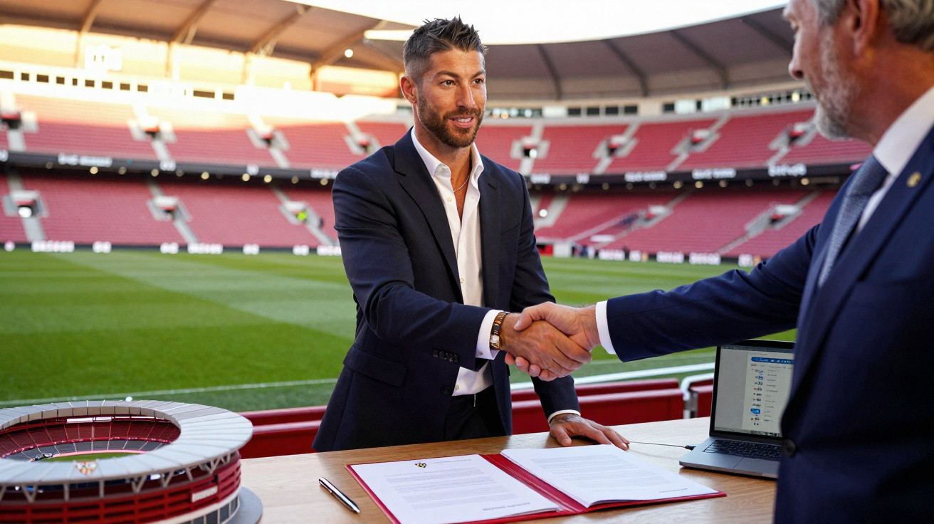 Dois homens de fatos apertam as mãos sobre uma mesa com documentos num estádio de futebol.