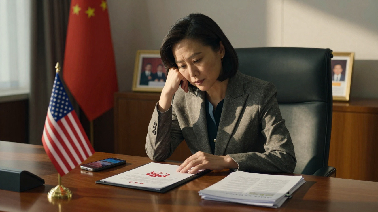 Mulher de negócios asiática sentada à secretária com bandeiras dos EUA e China, a analisar documentos.