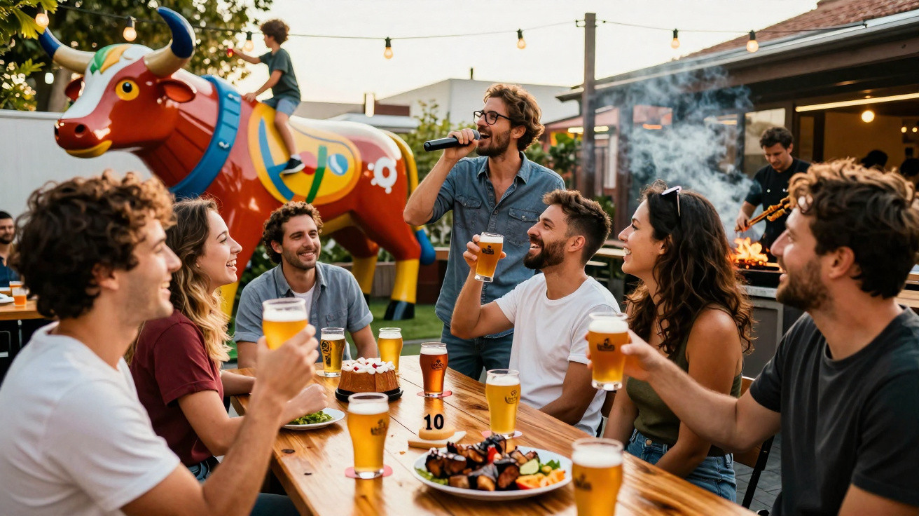 Grupo de amigos a brindar com cervejas num convívio ao ar livre com um touro colorido e churrasco ao fundo.