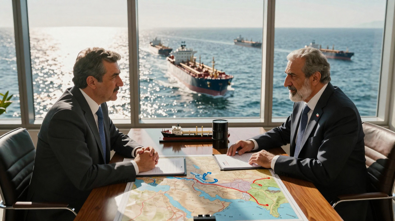 Dois homens de negócios sentados à mesa com mapas, discutindo com navios no mar visíveis pela janela.