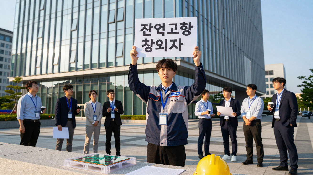 Homem com uniforme a segurar cartaz em coreano, grupo de pessoas e edifício moderno ao fundo.