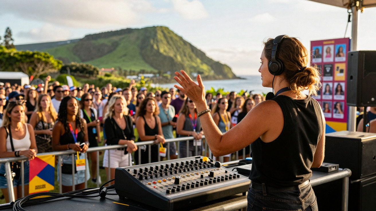 DJ feminina com auscultadores a tocar música num evento ao ar livre, com público atento e colina ao fundo.