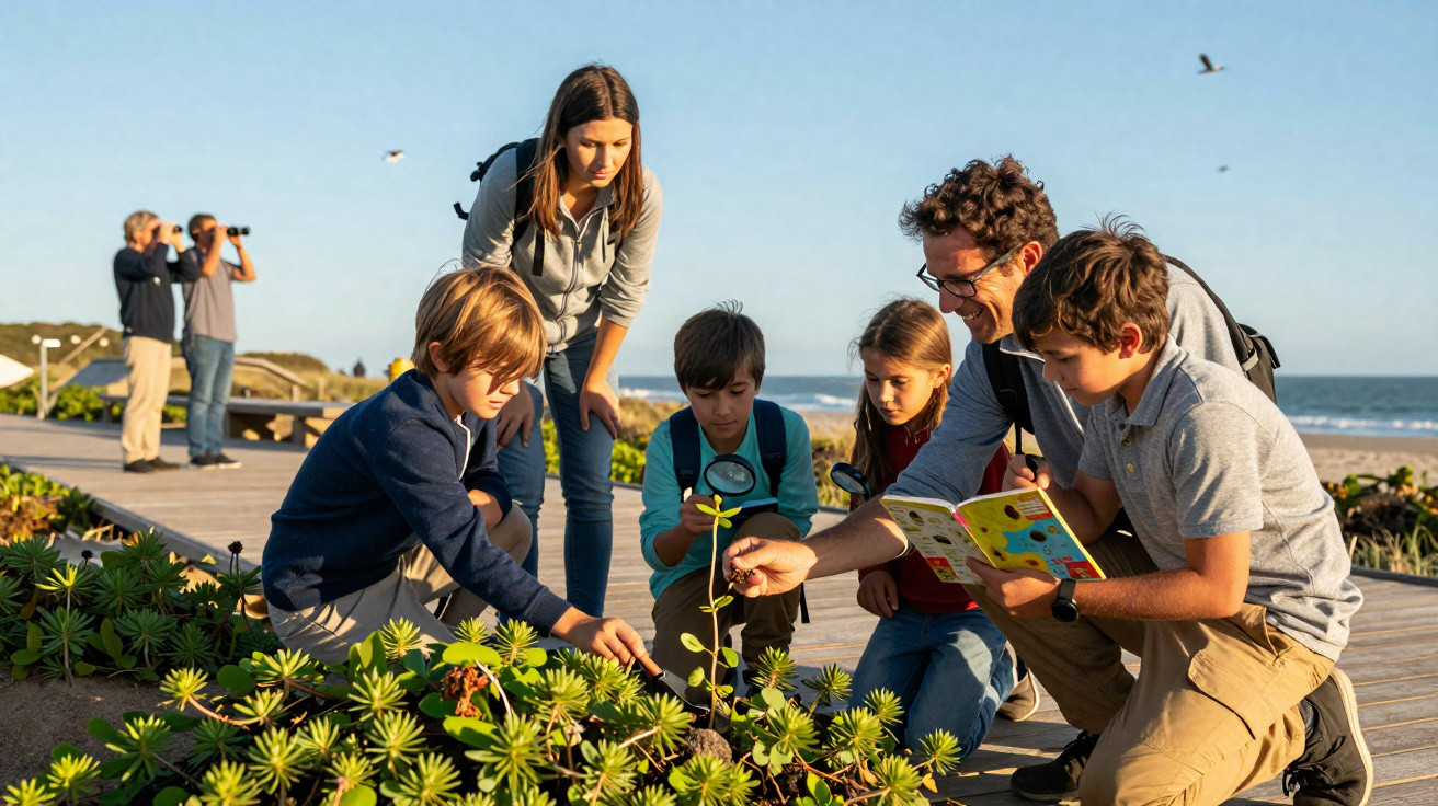 Grupo de crianças e adultos observam plantas numa praia durante uma atividade ao ar livre.