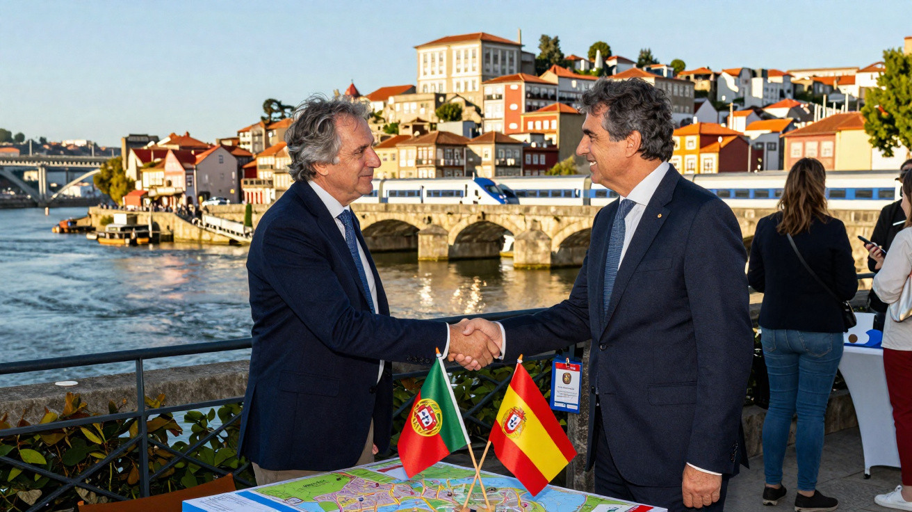 Dois homens de fato apertam as mãos em frente a um rio, com bandeiras de Portugal e Espanha sobre a mesa.