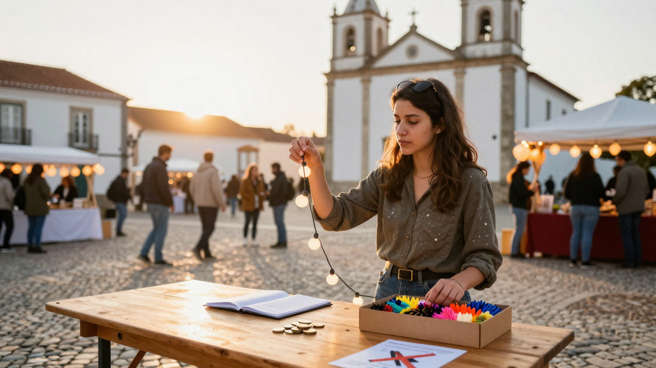 Jovem segura luzes de cordão num mercado ao ar livre com igreja ao fundo ao pôr do sol.