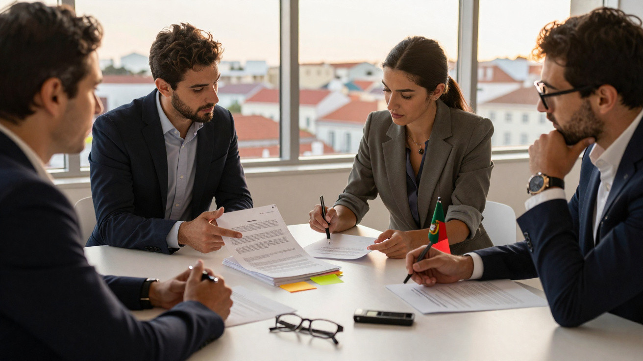 Quatro profissionais em reunião de trabalho numa sala com vista para edifícios, analisando documentos e a bandeira de Portuga