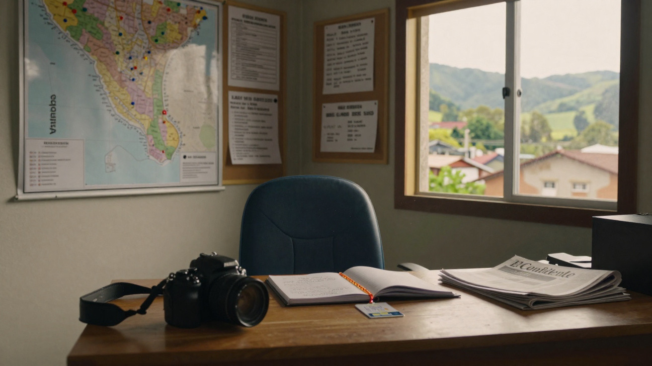 Escritório com mesa, câmara fotográfica, cadernos, jornal e mapa de Nicarágua na parede, vista para colinas.