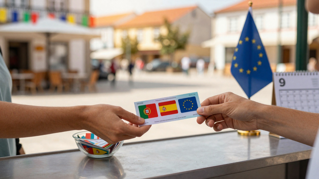 Duas mãos trocando um bilhete com as bandeiras de Portugal, Espanha e União Europeia numa mesa com bandeira europeia ao fundo