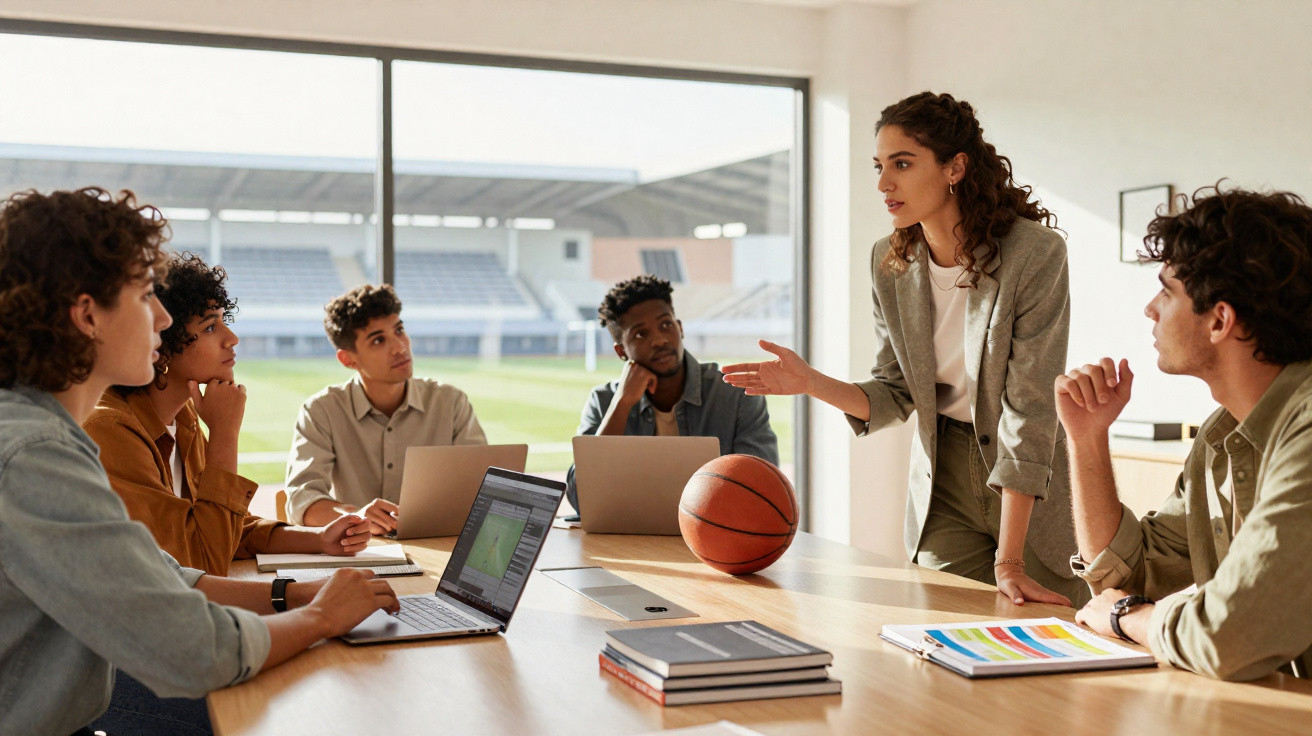 Grupo de jovens em reunião com uma mulher a liderar discussão num escritório com vista para um estádio.