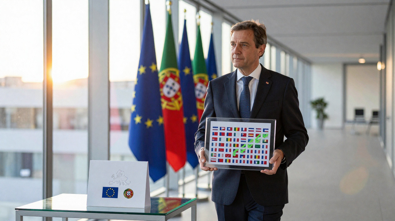 Homem de fato e gravata segura quadro com bandeiras da UE num corredor com bandeiras da UE e Portugal ao fundo.