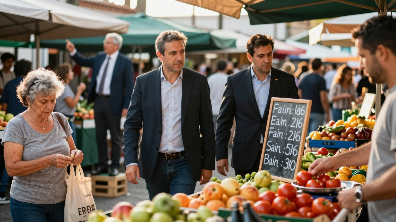 Mercado ao ar livre com pessoas a analisar frutas e legumes frescos expostos em bancas sob tendas.