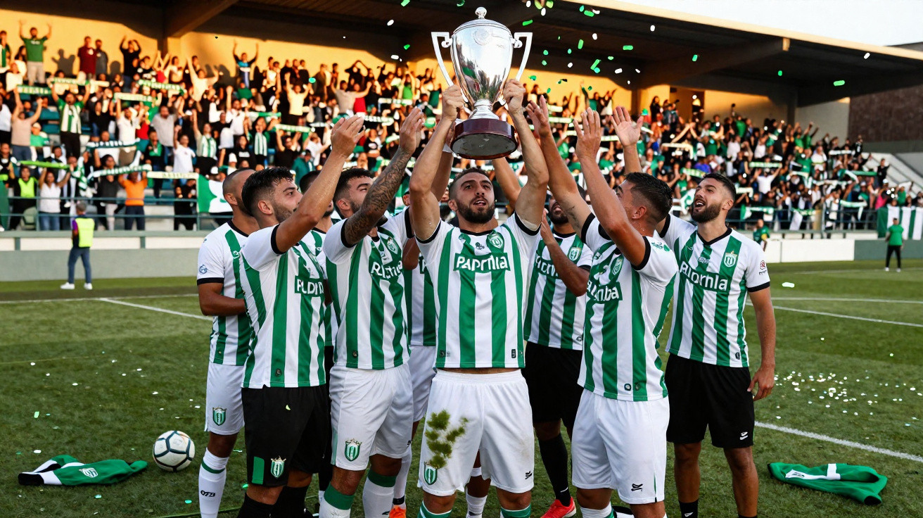 Jogadores de futebol da equipa vestindo verde e branco erguem um troféu no campo com público ao fundo.