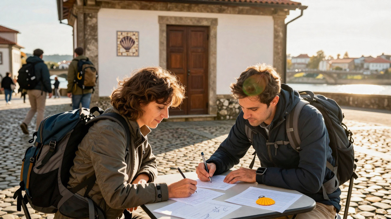 Casal de turistas com mochilas sentados numa mesa ao ar livre a preencher formulários num dia ensolarado.