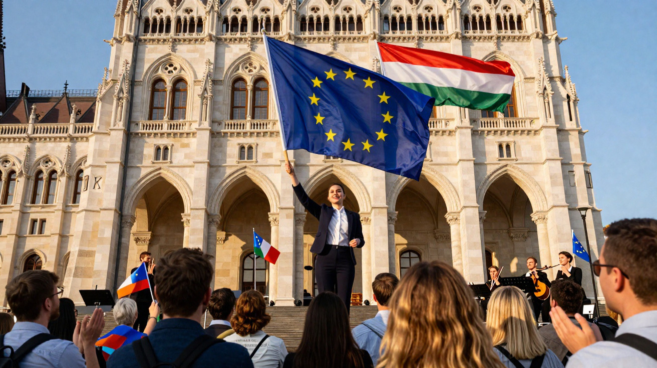 Mulher segura bandeira da União Europeia diante de multidão e edifício histórico com arquitetura gótica.