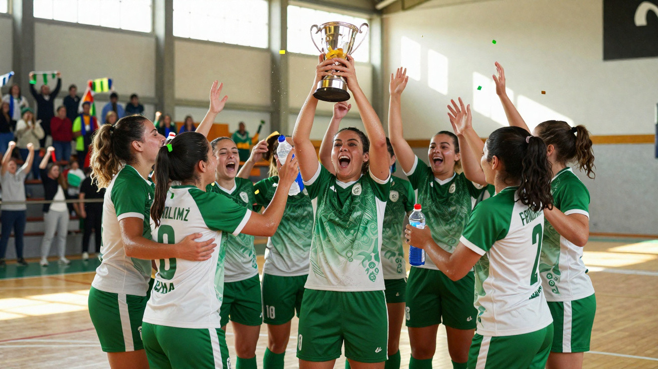 Jogadoras de futsal femininas comemoram vitória e erguem troféu num pavilhão desportivo com público ao fundo.