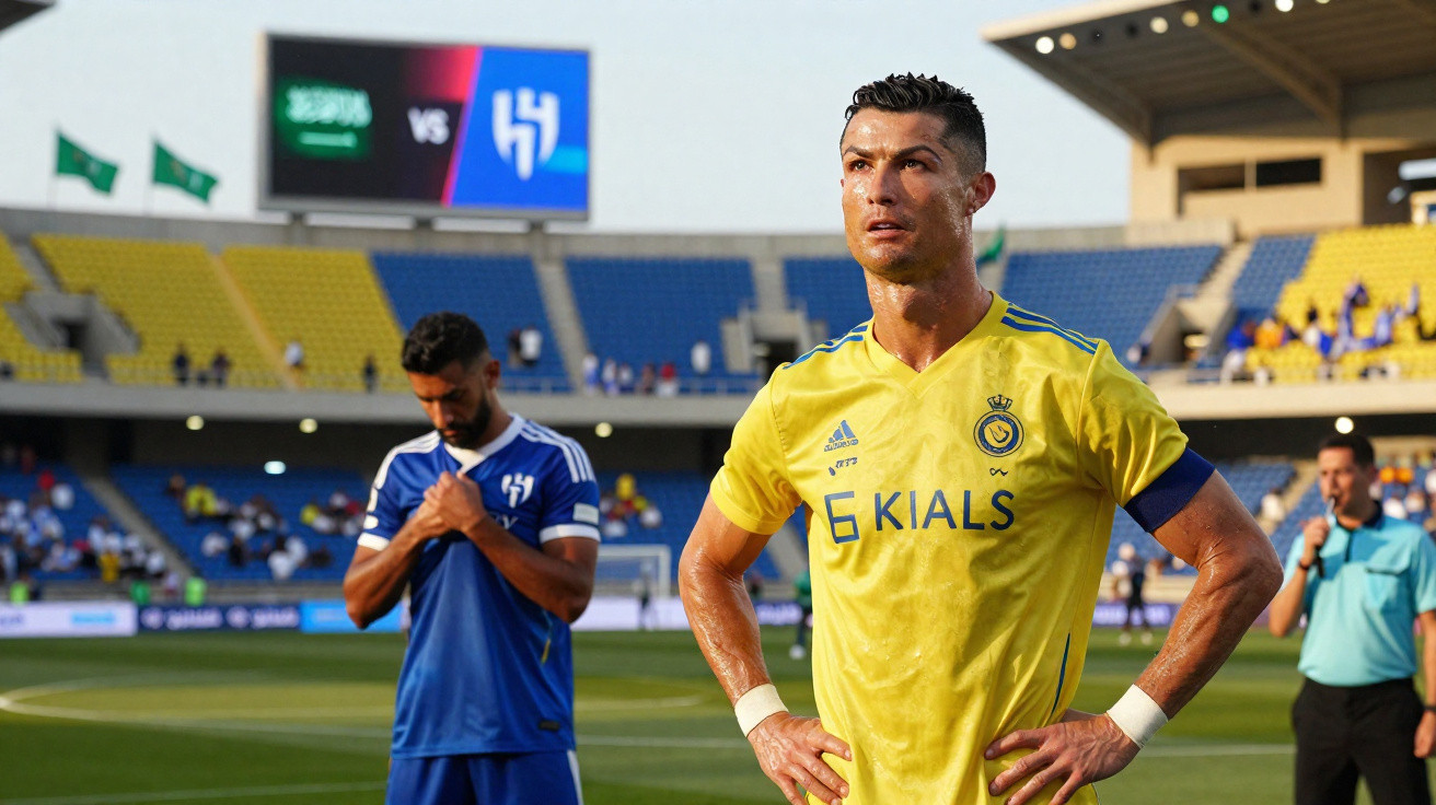 Jogadores de futebol em campo antes do início do jogo, com estádio e público ao fundo.
