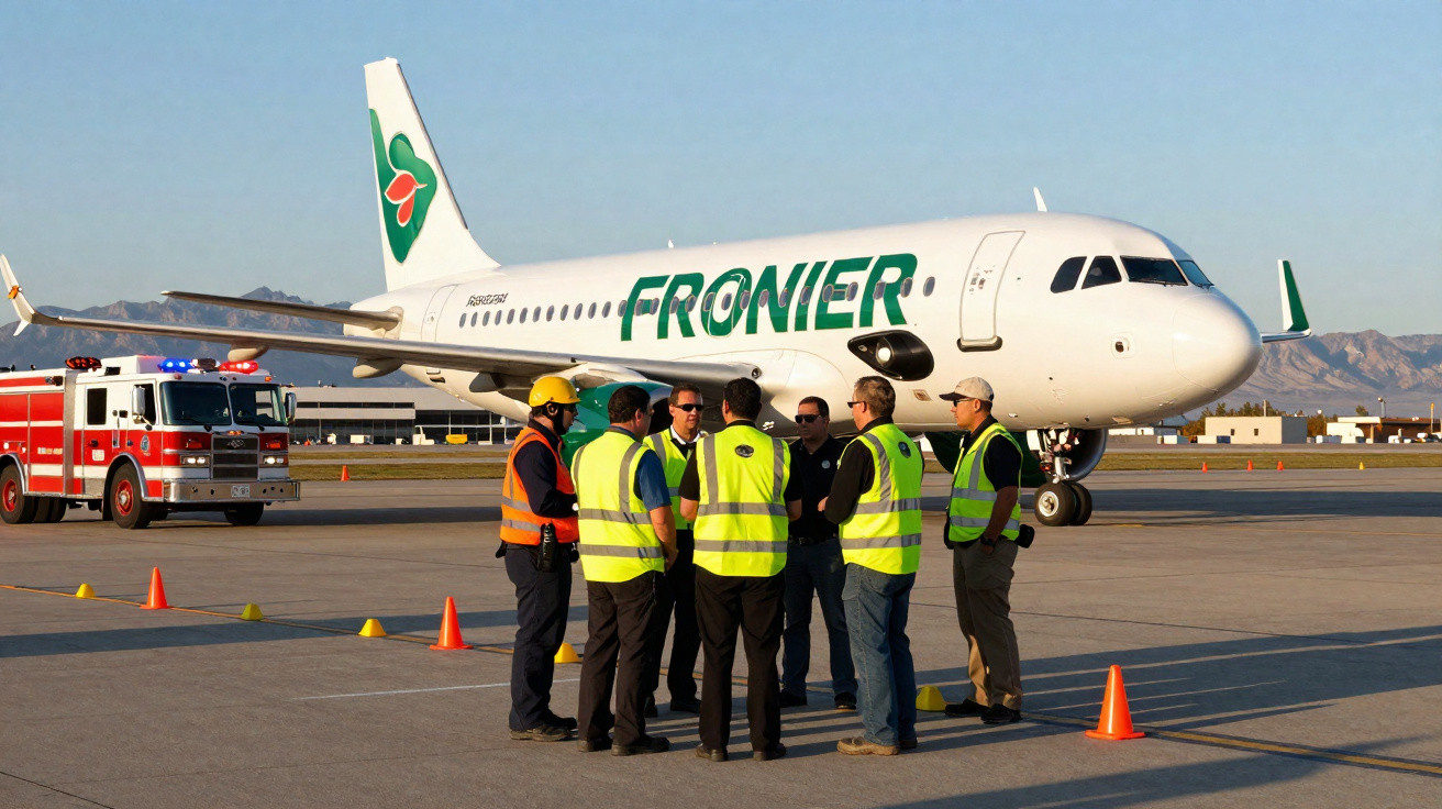 Grupo de trabalhadores com coletes refletivos reunidos diante de avião Frontier e viatura de bombeiros no aeroporto.