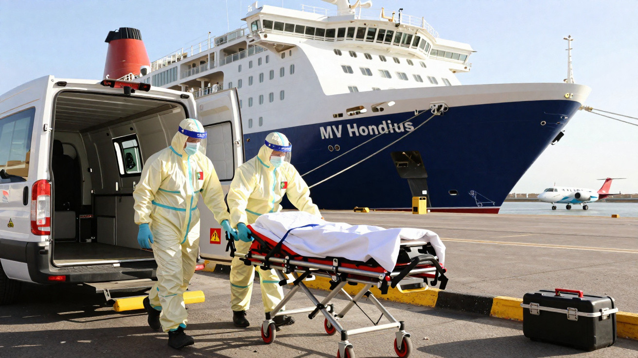 Profissionais de saúde com equipamento de proteção retiram paciente em maca de ambulância junto a navio MV Hondius no porto.