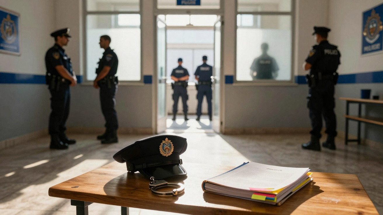 Sala de polícia com cinco polícias ao fundo, mesa com chapéu, algemas e dossiê em primeiro plano.