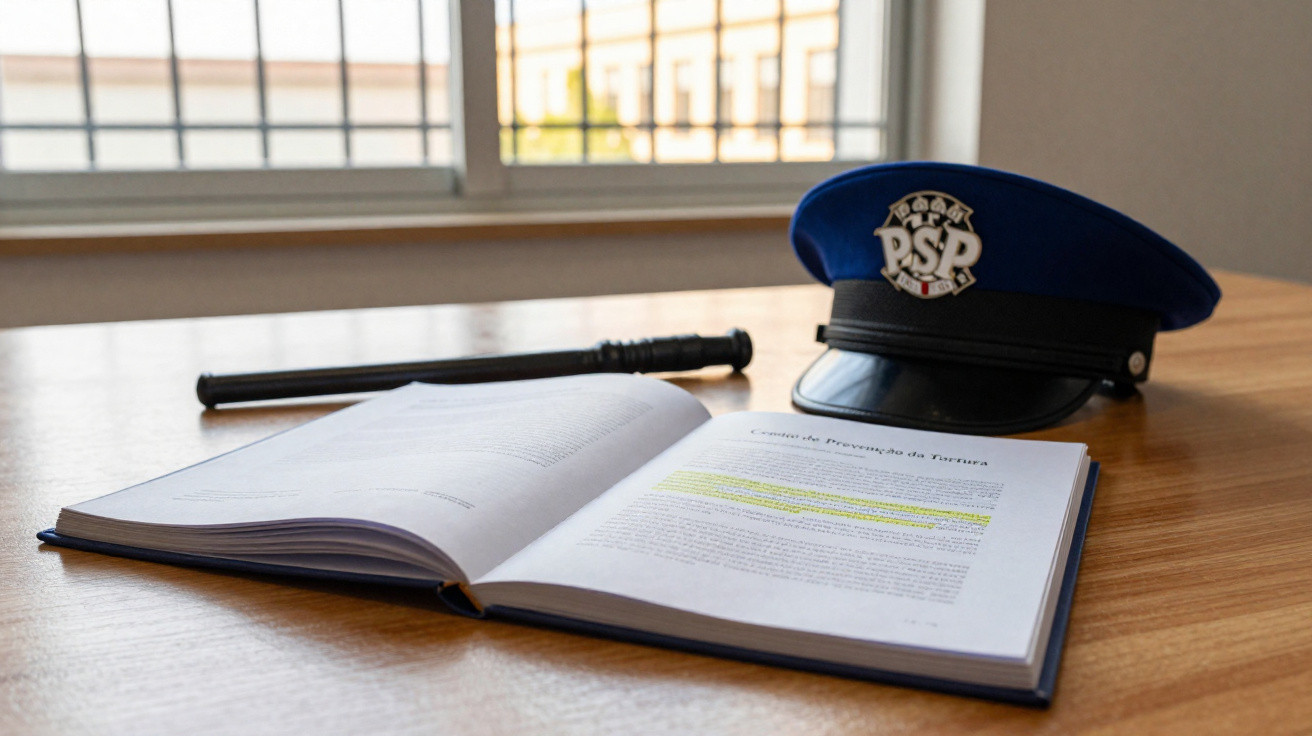 Livro aberto com trecho destacado, chapéu azul da polícia PSP e cassetete sobre mesa de madeira junto a janela.