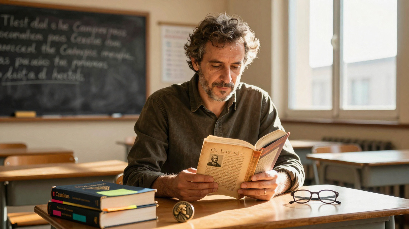 Homem adulto sentado numa sala de aula a ler um livro, com mais livros e óculos sobre a secretária.