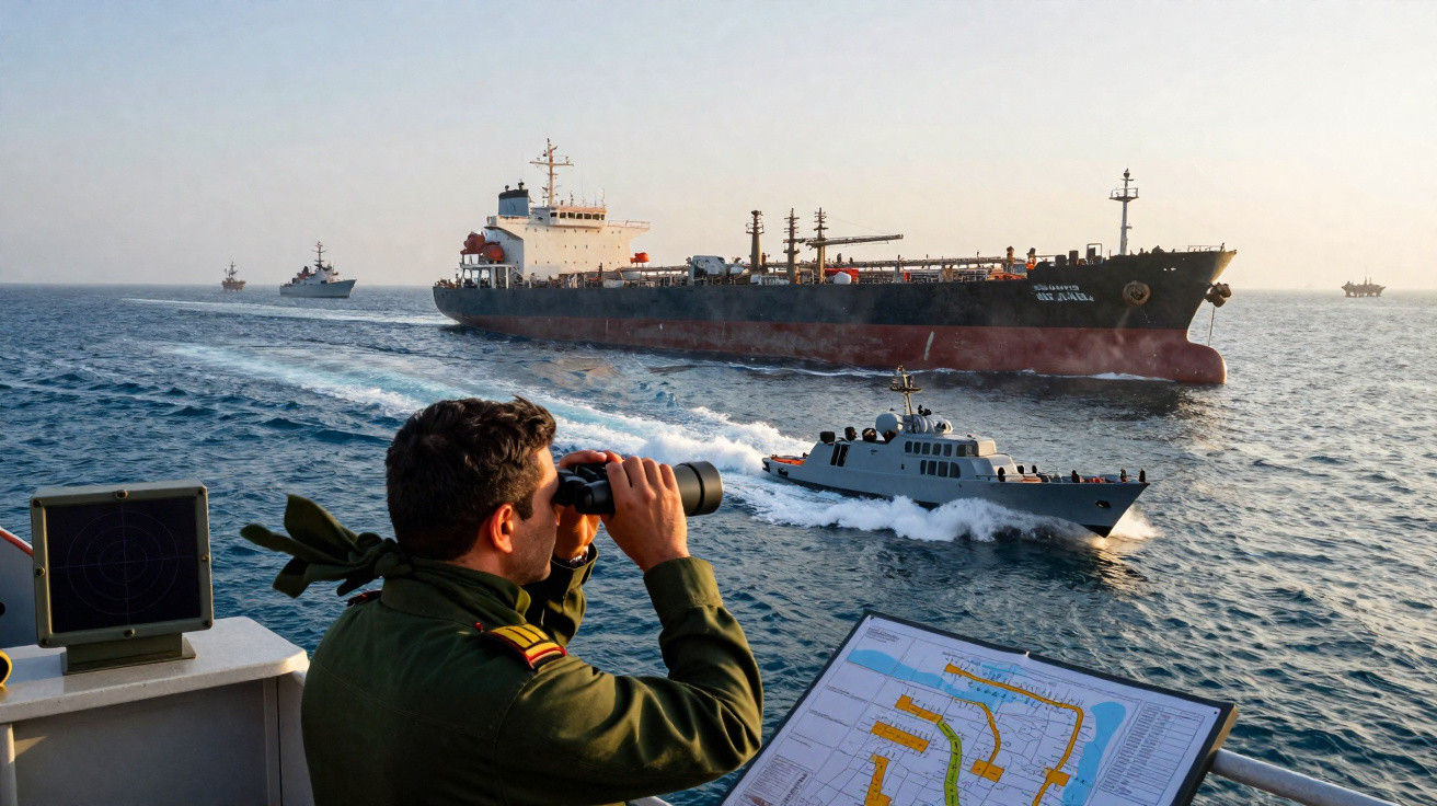 Militar observa pelo binóculo navios de guerra e um petroleiro no mar ao pôr do sol.