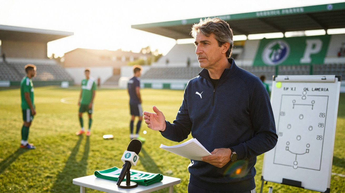 Treinador de futebol dá palestra tática num campo com jogadores e quadro branco do esquema de jogo.